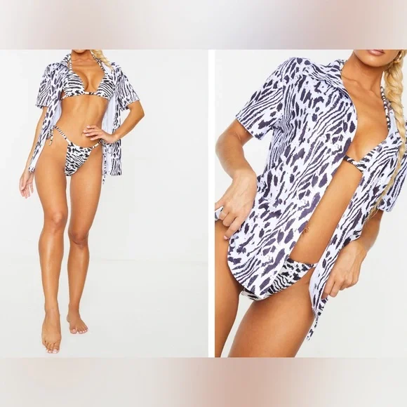 Multi Animal Print Towel Beach Shirt & BIKINI SET - Picture 1 of 2